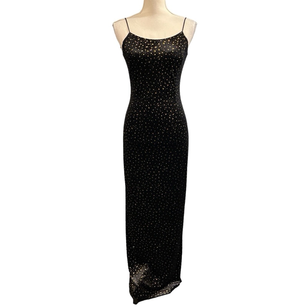 Vintage Betsey Adam Y2K Dress Black Velvet Metallic Gold Print Maxi Event Gala